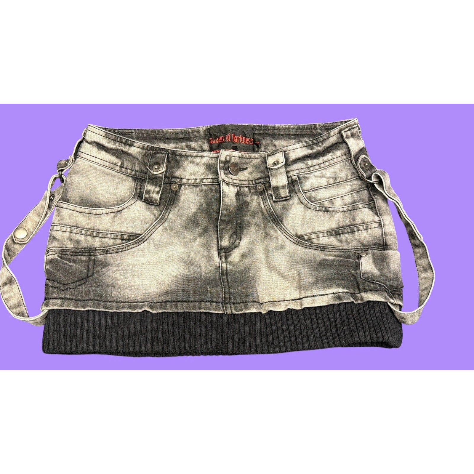 Queen of Darkness Denim Mini Skirt Gray Black Straps Goth - Size S Vintage Y2K