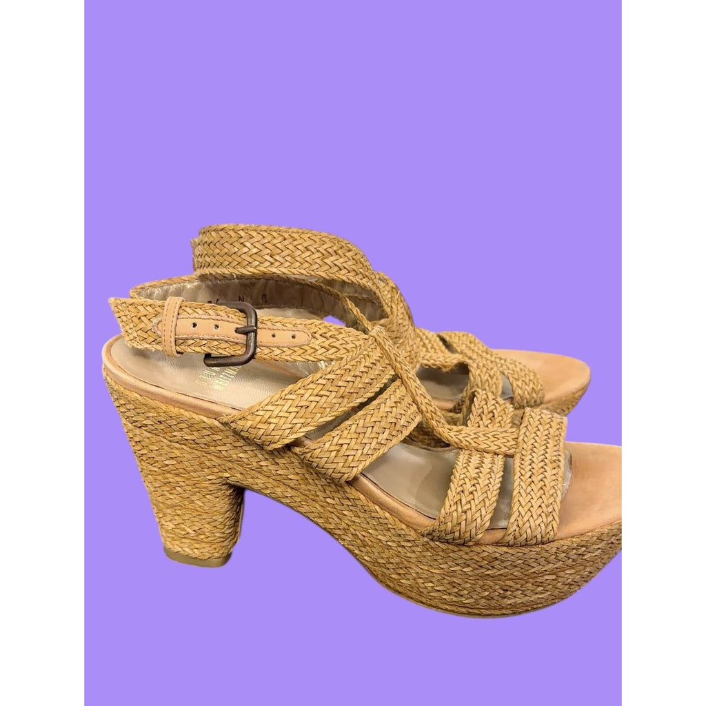 Stuart Weitzman SIZE 8 Narrow woven raffia platform heels sandals Y2K Boho