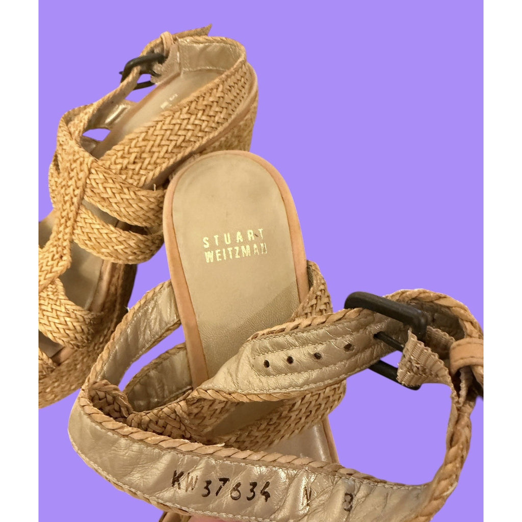 Stuart Weitzman SIZE 8 Narrow woven raffia platform heels sandals Y2K Boho