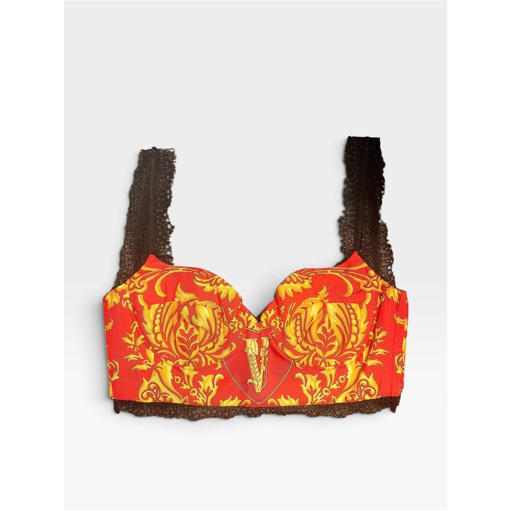 Versace 2018 Barocco Silk Bustier Red Gold Black Lace  Size 36 (2) Made in Italy