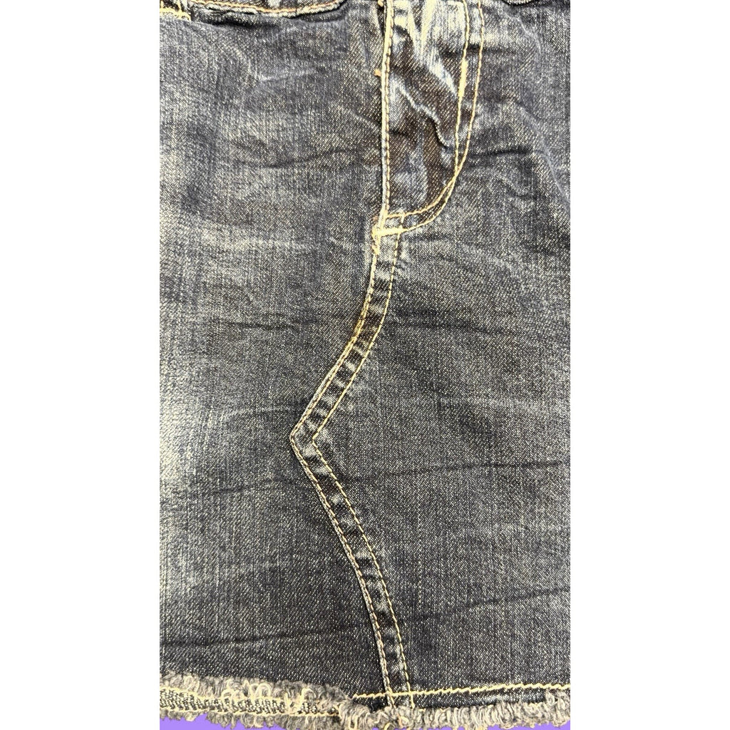 Y2K Denim Life Distressed Denim Mini Skirt Raw Hem Embroidered Blue Size 8