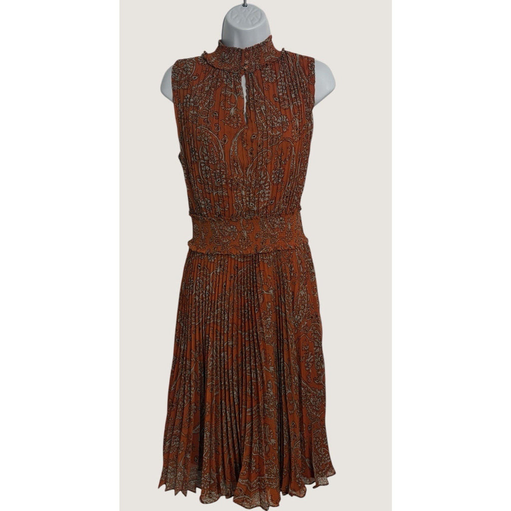 Nanette Lepore Women's Dress Size 12 Orange Floral Pleated Sleeveless High Neck