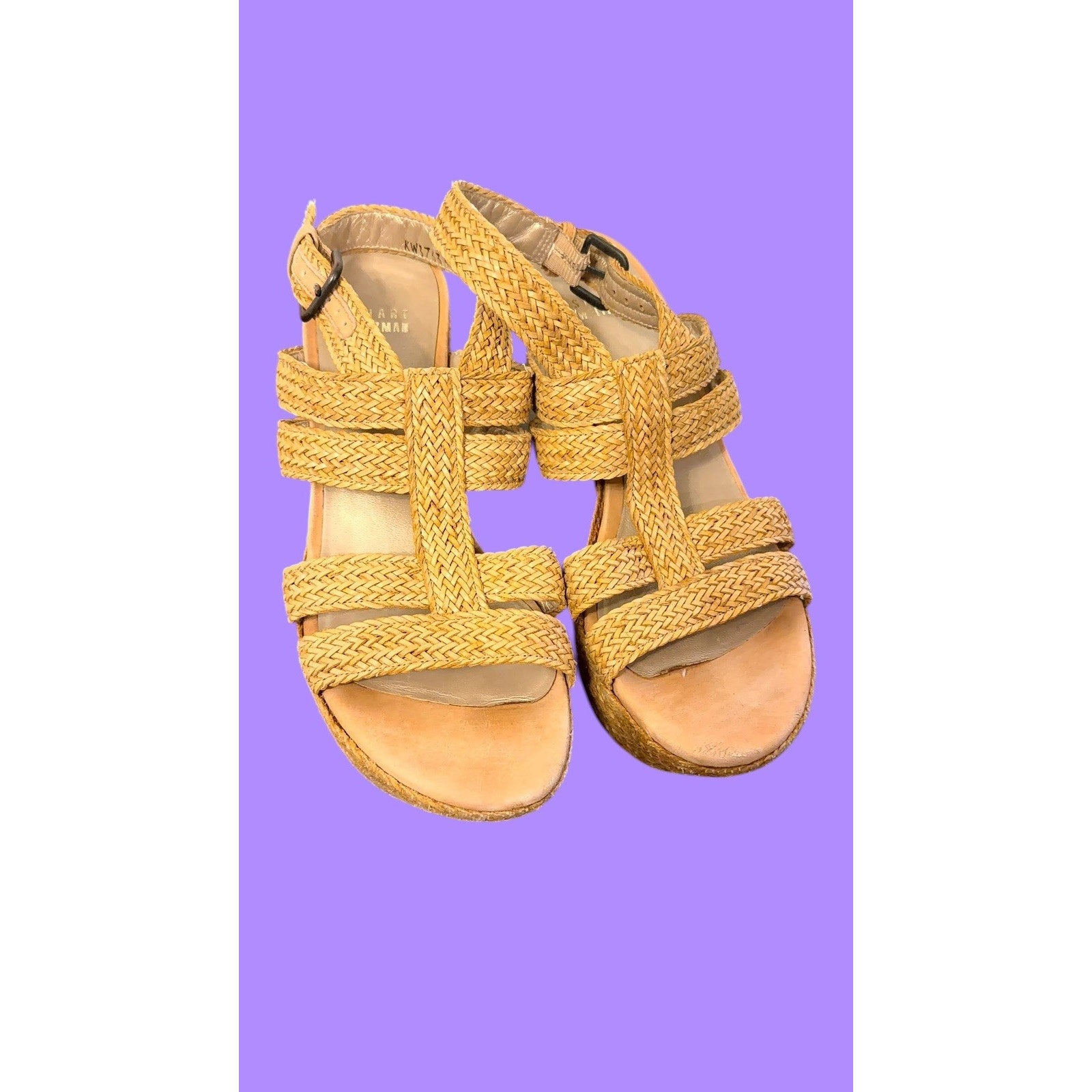 Stuart Weitzman SIZE 8 Narrow woven raffia platform heels sandals Y2K Boho