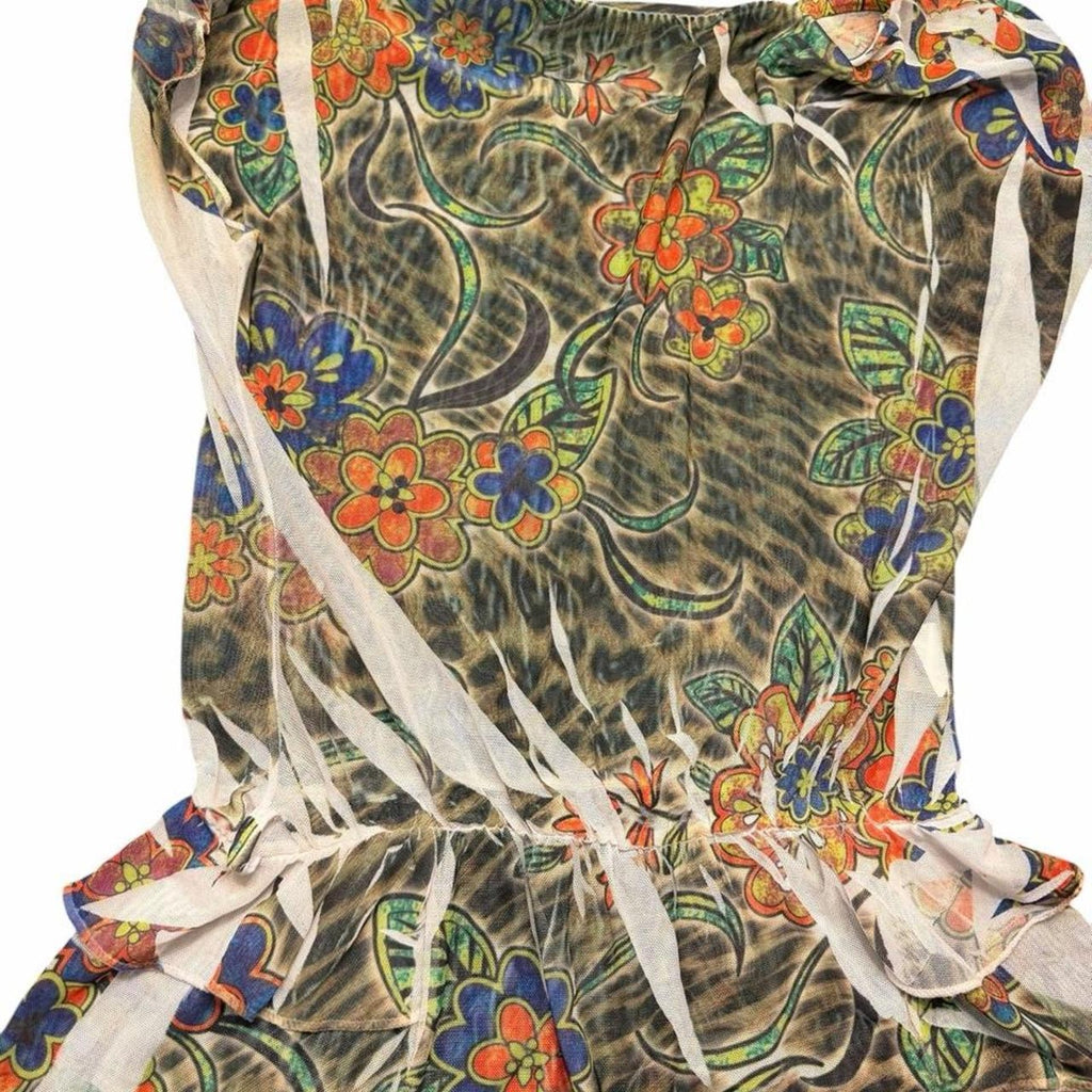 Y2K Floral Mesh blouse with silver stud detail ruffle peplum