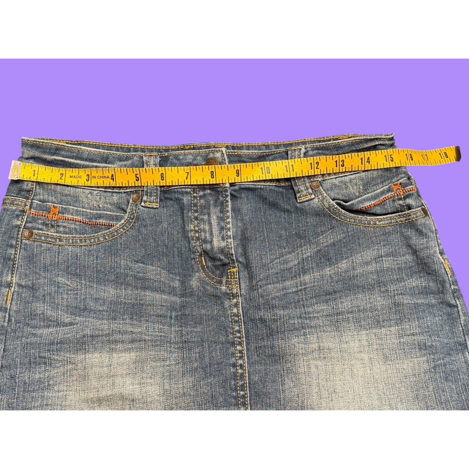 Pimkie Blue Denim Mini Skirt Contrast Stitching Pockets Size 10 Y2K Vintage