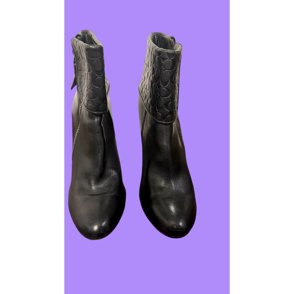 Coach Size 8 Mackenna High Heel Booties Boots Embossed Cuff Leather Black Shoes