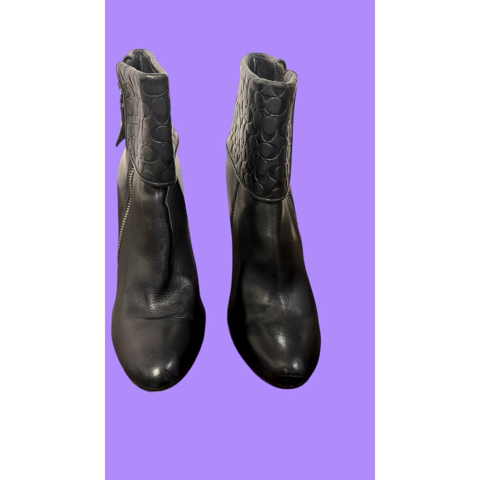 Coach Size 8 Mackenna High Heel Booties Boots Embossed Cuff Leather Black Shoes