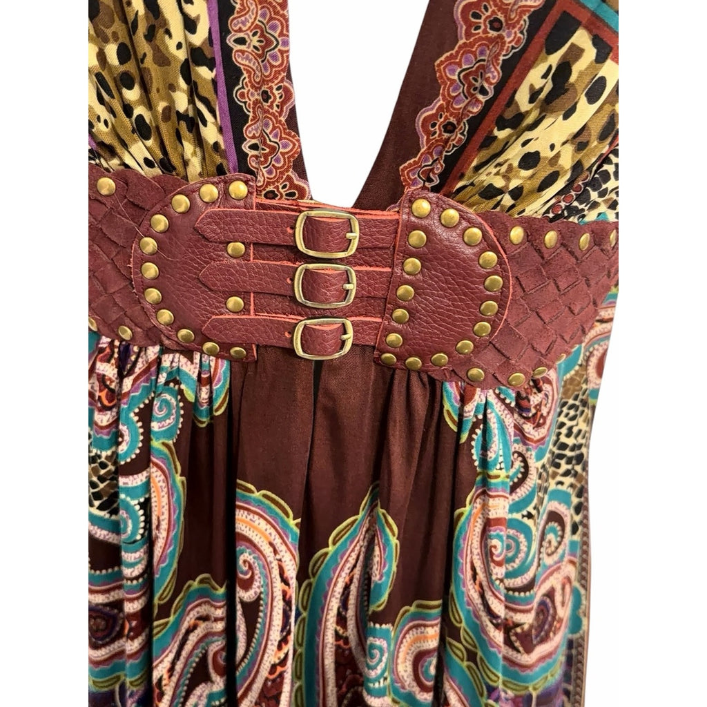 Vintage Sky Shiroda Dress Burgundy Belt Size Small Y2K 100% Silk