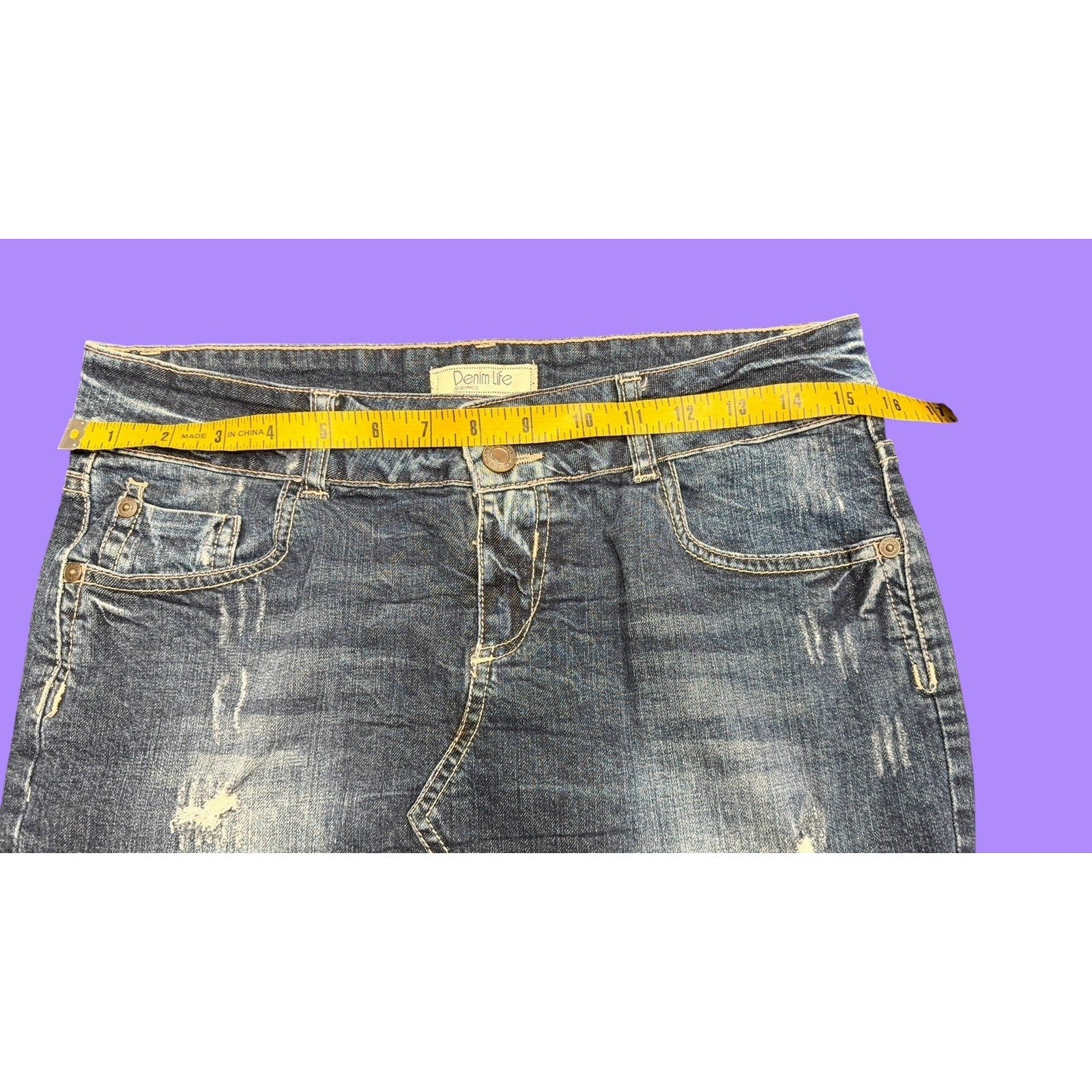 Y2K Denim Life Distressed Denim Mini Skirt Raw Hem Embroidered Blue Size 8