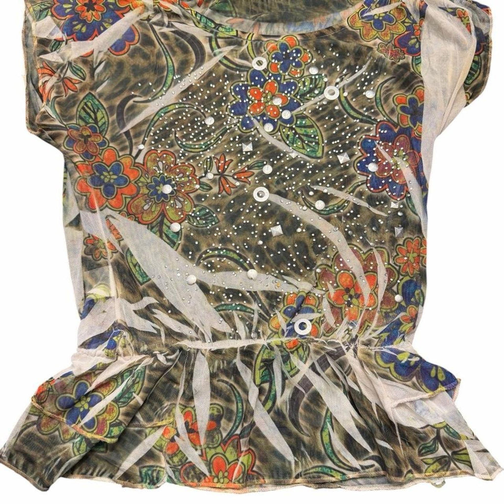 Y2K Floral Mesh blouse with silver stud detail ruffle peplum