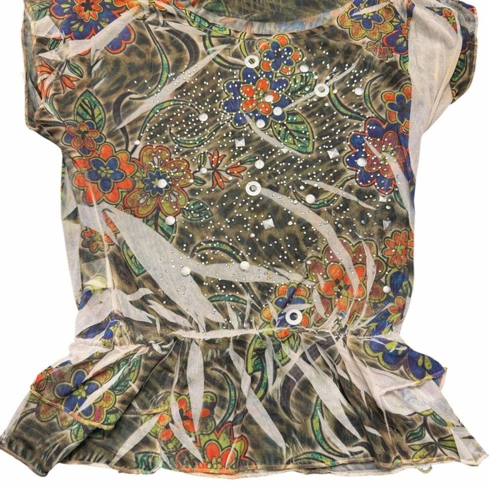 Y2K Floral Mesh blouse with silver stud detail ruffle peplum