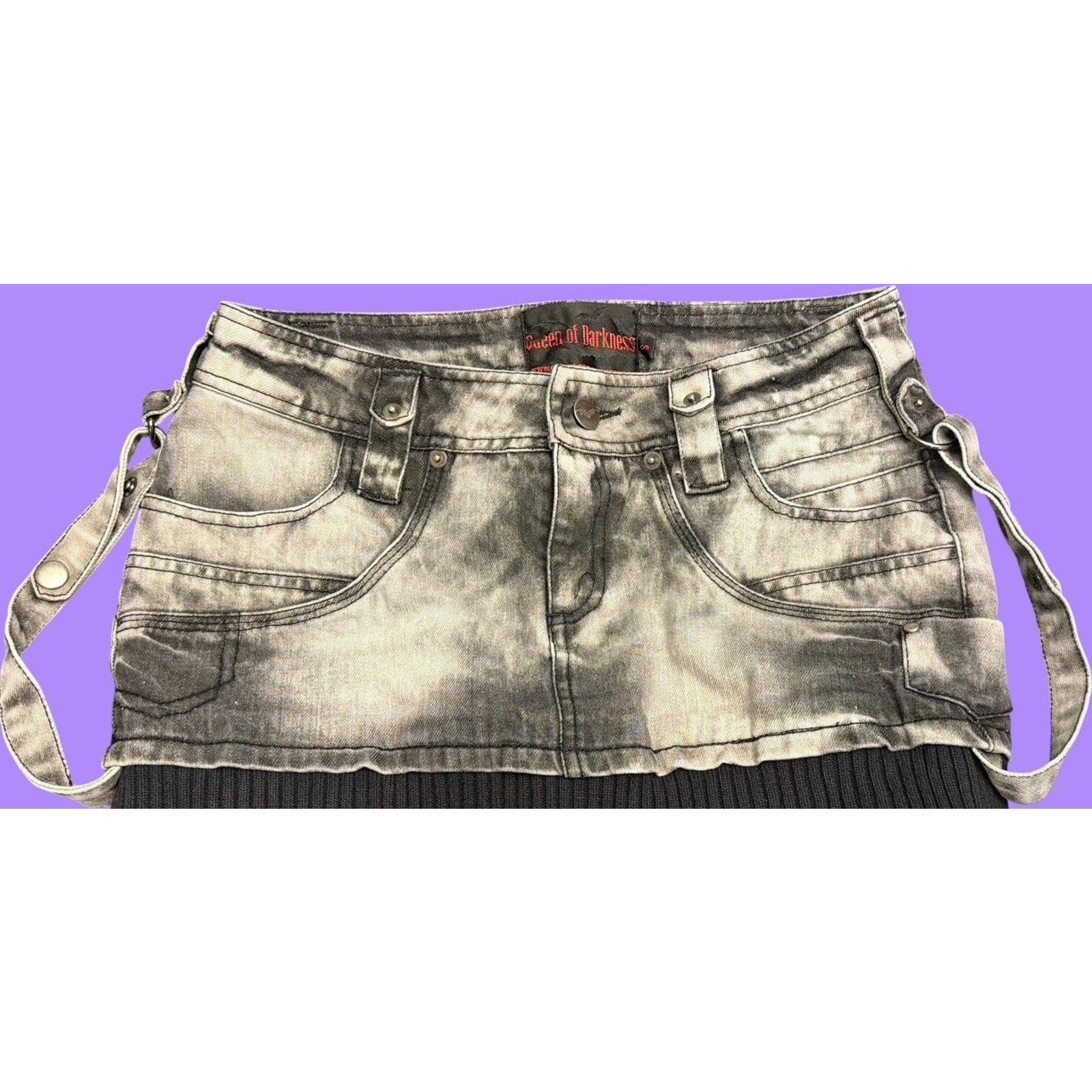 Queen of Darkness Denim Mini Skirt Gray Black Straps Goth - Size S Vintage Y2K