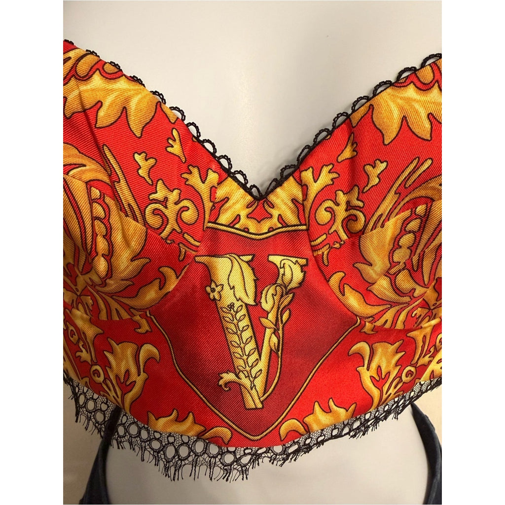 Versace 2018 Barocco Silk Bustier Red Gold Black Lace  Size 36 (2) Made in Italy
