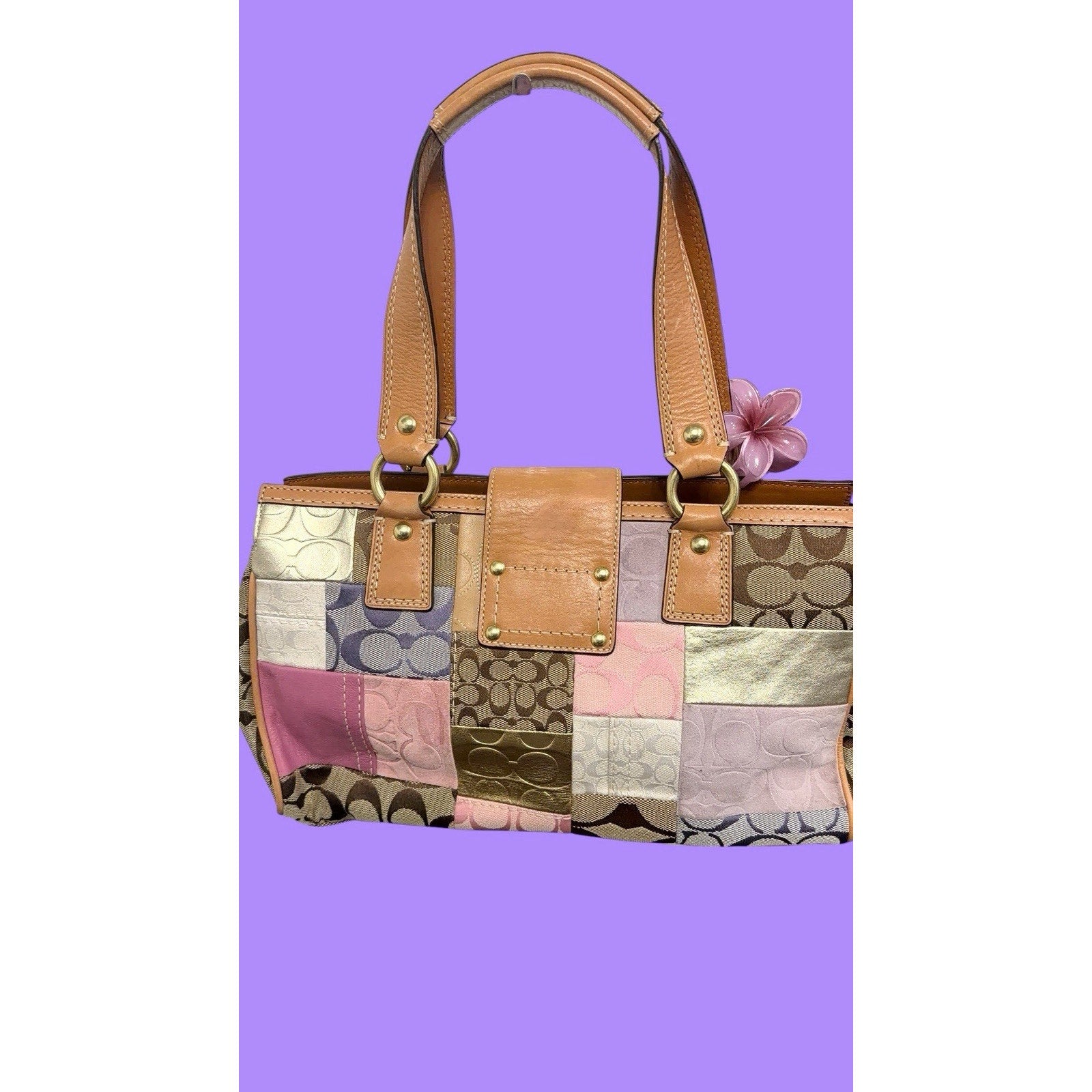 Coach Vintage Signature Patchwork Medium Satchel Pastel Turnlock Rare Y2K