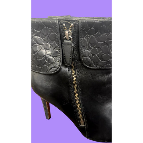Coach Size 8 Mackenna High Heel Booties Boots Embossed Cuff Leather Black Shoes